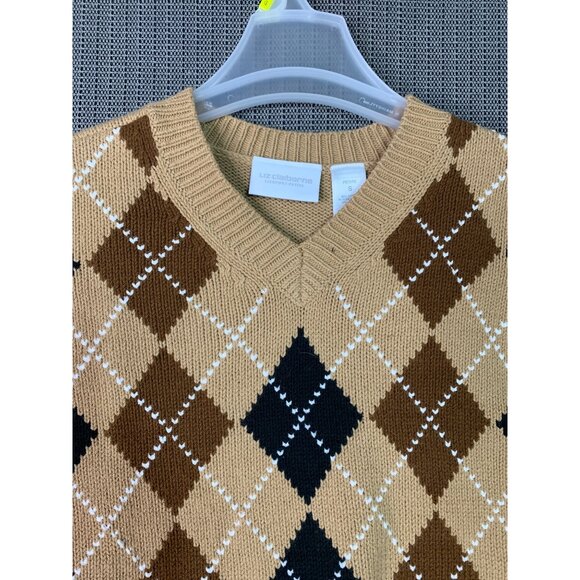 Liz Claiborne Argyle Sweater S Cotton Acrylic Blend Womens Beige & Blue - Picture 9 of 10